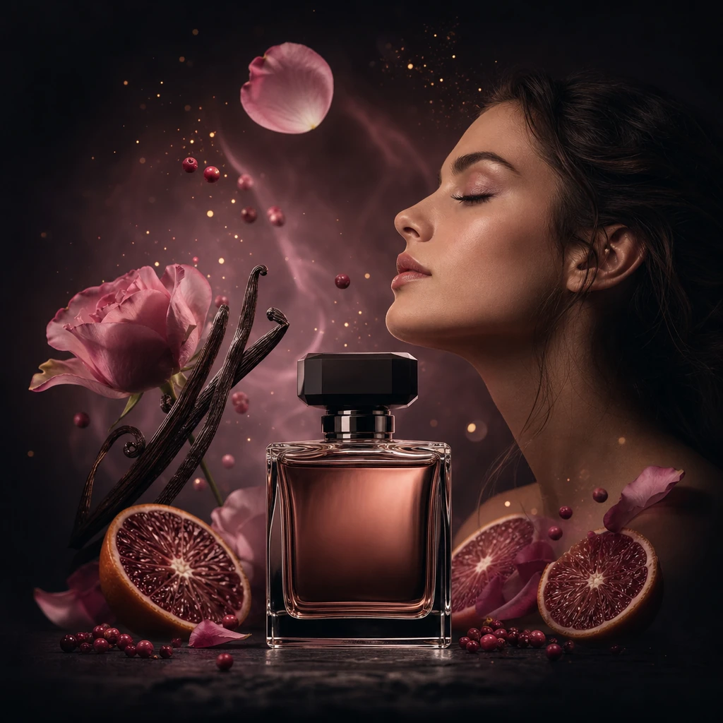 Perfumeza — lyxiga parfymdekanter med rosenblad, citrus och vanilj i solnedgångsljus
